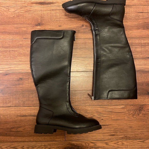 *NEW* Black Just Under Knee-High Pleather Boots - Picture 1 of 4